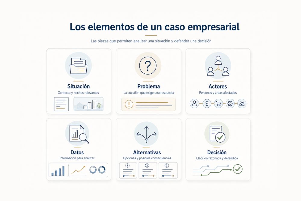 Infografía con los elementos de un caso empresarial: situación, problema, actores implicados, datos, alternativas y decisión final