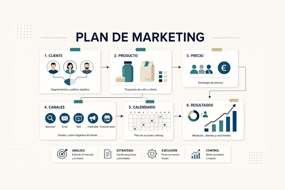 Plan de marketing con análisis de mercado, público, acciones y resultado